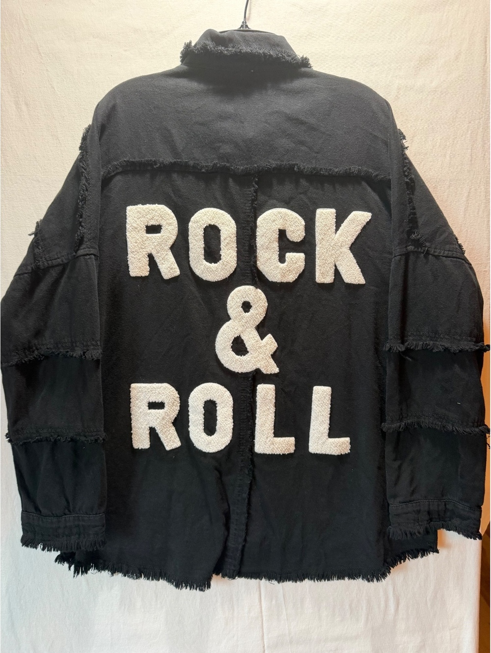 Black Rock & Roll Button-Up Shirt Jacket with Frayed Edges